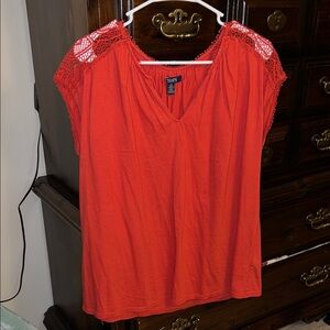 Chaps Women's Red Blouse with Lace Shoulders